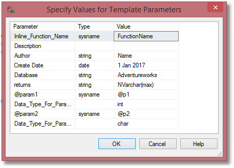 Specify values for SSMS template parameters