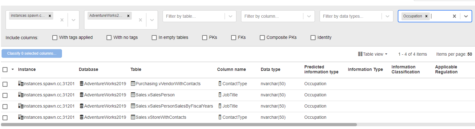 SQL Data Catalog correctly predicts that ContactType stores job titles